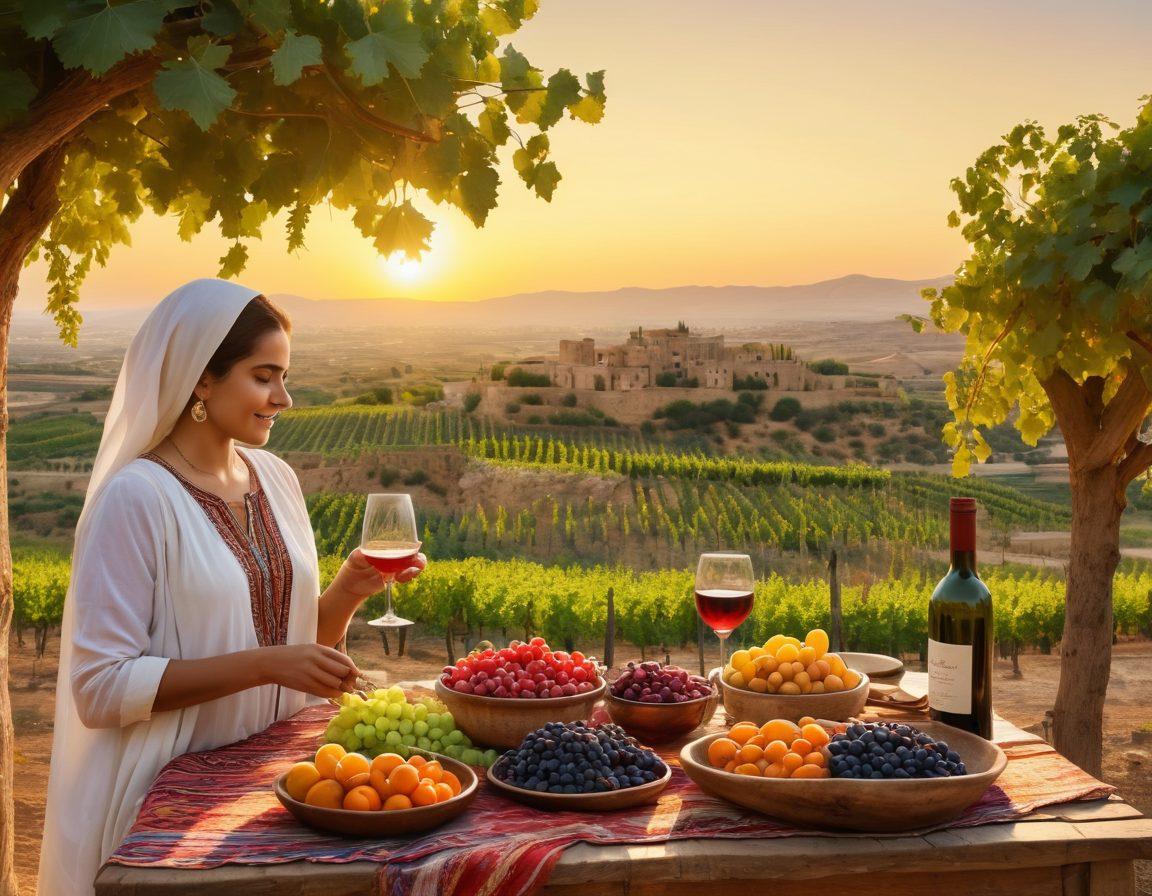 A vibrant Middle Eastern vineyard scene showcasing women harvesting grapes, with traditional elements like colorful textiles and ancient stone architecture in the background. Incorporate wine bottles and glasses elegantly arranged on a rustic wooden table, surrounded by fresh, organic ingredients and dishes reflecting local cuisine. The sun sets in the background, casting a golden hue over the landscape. super-realistic. vibrant colors. 3D.