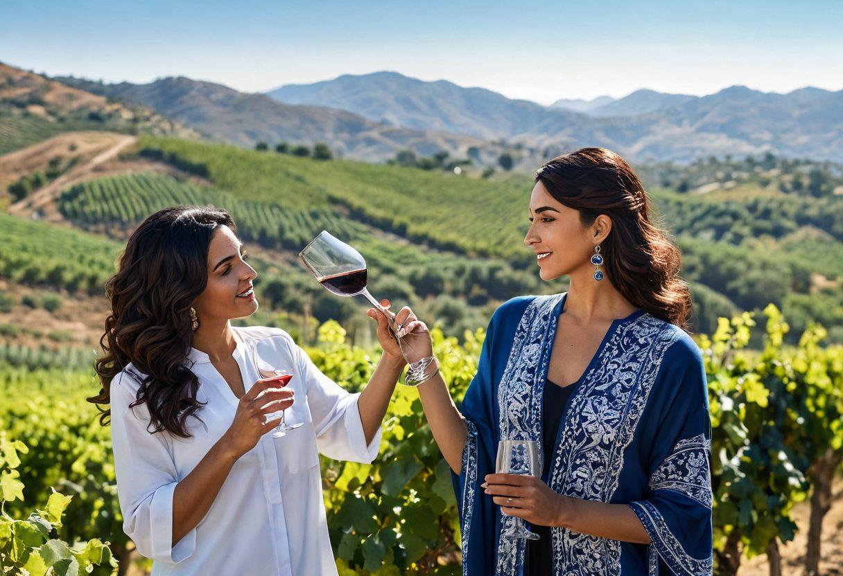 A vibrant scene depicting a Middle Eastern woman confidently uncorking a wine bottle in a lush vineyard. Surrounding her are diverse women collaborating, discussing, and tasting wine, symbolizing empowerment and community. The backdrop features rolling hills, grapevines, and a clear blue sky, illustrating a warm and inviting atmosphere. Include subtle cultural elements in clothing and decor to celebrate their heritage. super-realistic. vibrant colors. natural lighting.