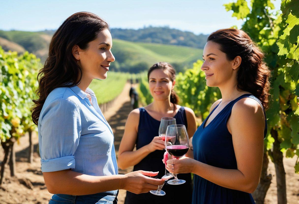 A picturesque vineyard with rolling hills under a bright blue sky, showcasing strong female winemakers of diverse backgrounds engaging in the wine-making process, surrounded by lush grapevines. Include close-up shots of women tasting wine, jotting notes, and discussing flavors with vibrant elements representing various wine notes. The scene should radiate empowerment and celebration of women in winemaking. vibrant colors. super-realistic.